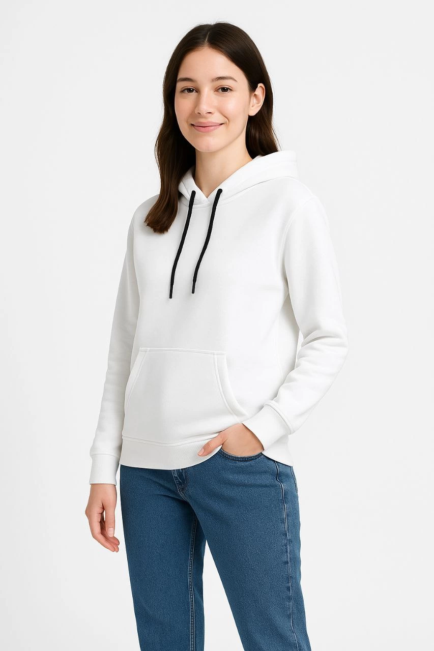 Women's Three-Thread Hooded Kangaroo Pocket Sweatshirt Hoodie - White