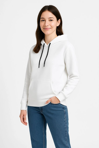 Women's Three-Thread Hooded Kangaroo Pocket Sweatshirt Hoodie - White