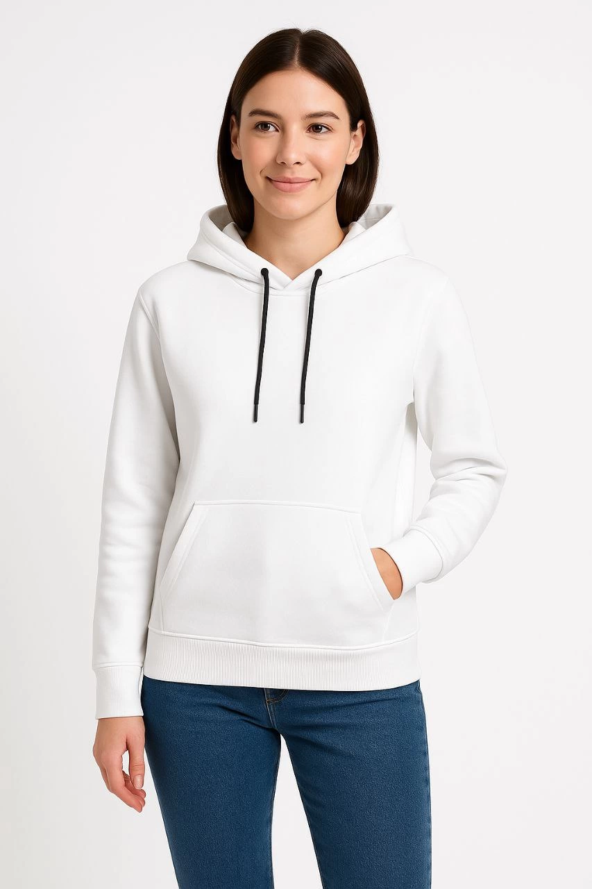 Women's Three-Thread Hooded Kangaroo Pocket Sweatshirt Hoodie - White