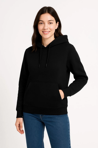 Women's Three-Thread Hooded Kangaroo Pocket Sweatshirt Hoodie - Black
