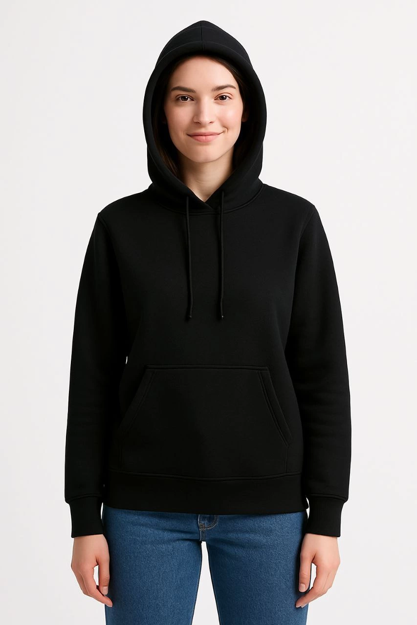Women's Three-Thread Hooded Kangaroo Pocket Sweatshirt Hoodie - Black