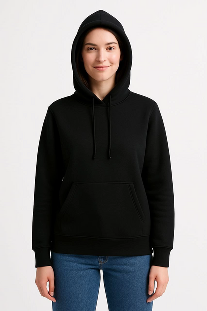 Women's Three-Thread Hooded Kangaroo Pocket Sweatshirt Hoodie - Black