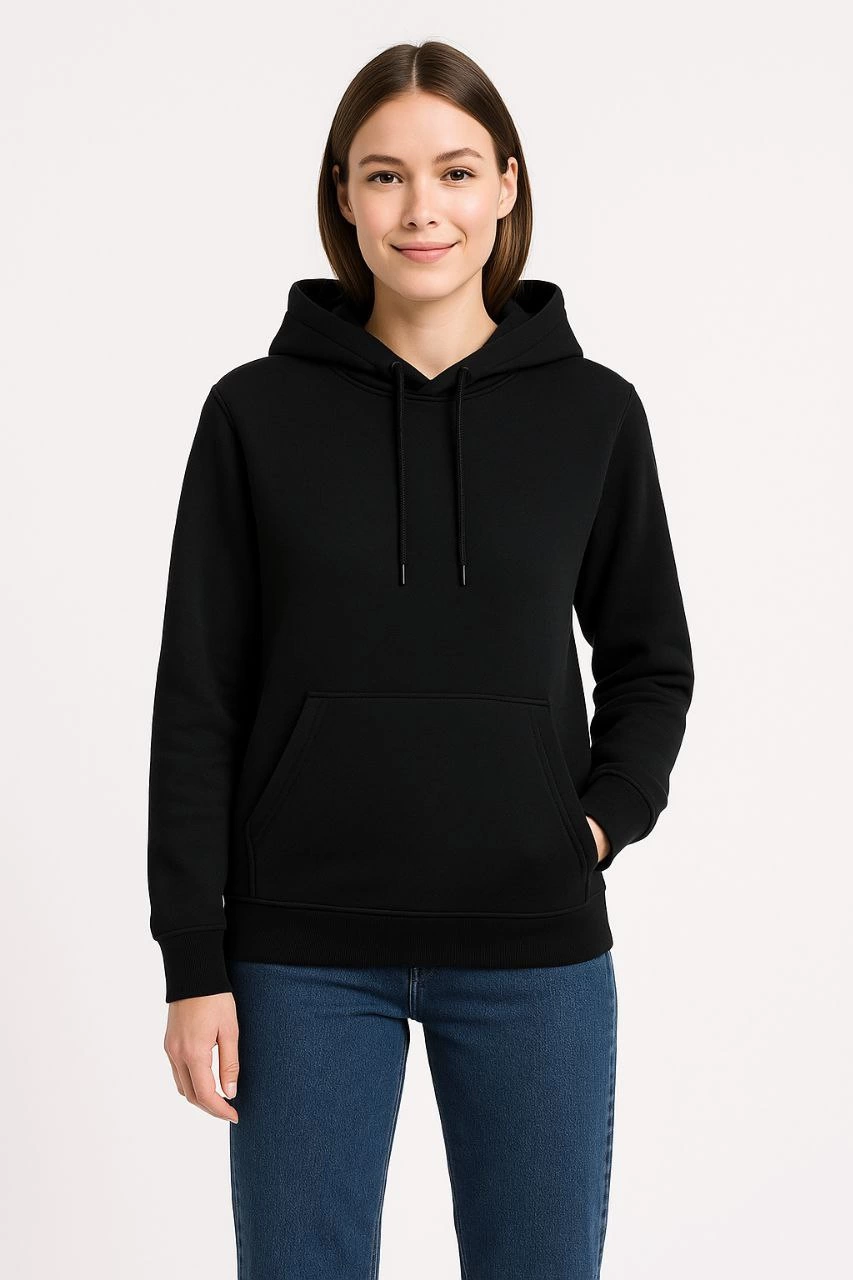 Women's Three-Thread Hooded Kangaroo Pocket Sweatshirt Hoodie - Black