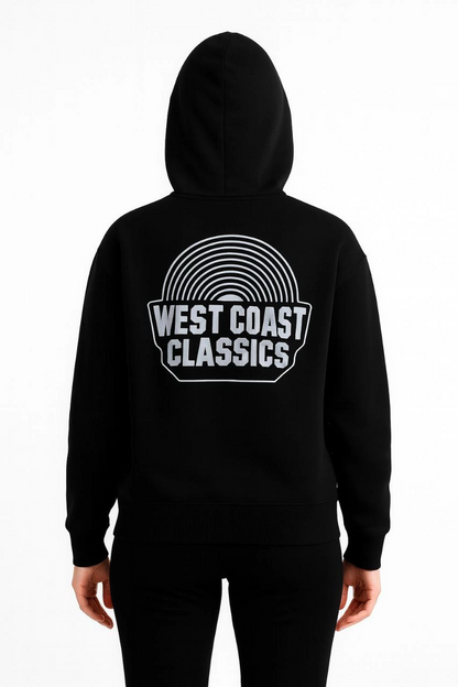 Women's Hooded Sweatshirt - Oversize Three-Thread Brushed Hoodie, 'West Coast Classics' Front & Back Print, Kangaroo Pocket Winter Casual Style - Black