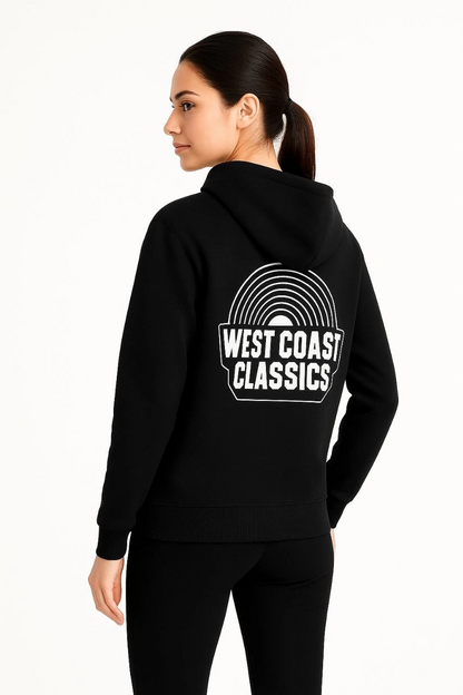 Women's Hooded Sweatshirt - Oversize Three-Thread Brushed Hoodie, 'West Coast Classics' Front & Back Print, Kangaroo Pocket Winter Casual Style - Black