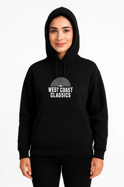 Women's Hooded Sweatshirt - Oversize Three-Thread Brushed Hoodie, 'West Coast Classics' Front & Back Print, Kangaroo Pocket Winter Casual Style - Black