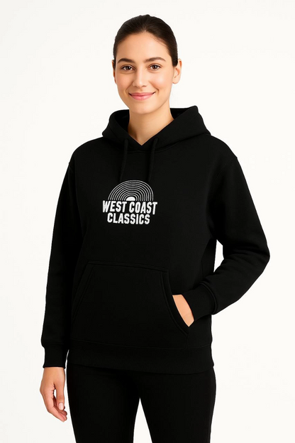 Women's Hooded Sweatshirt - Oversize Three-Thread Brushed Hoodie, 'West Coast Classics' Front & Back Print, Kangaroo Pocket Winter Casual Style - Black