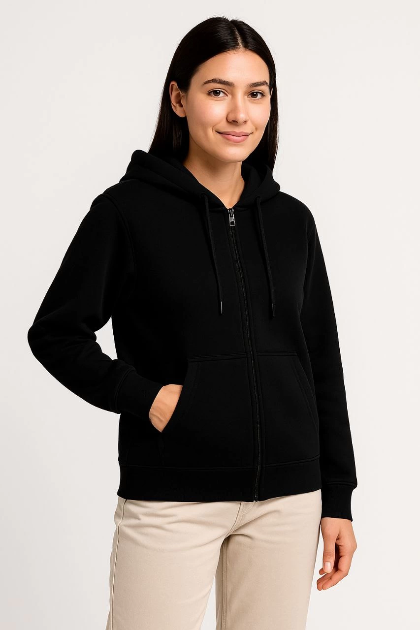 Women's Three-Thread Hooded Full-Zip Kangaroo Pocket Sweatshirt Hoodie - Black