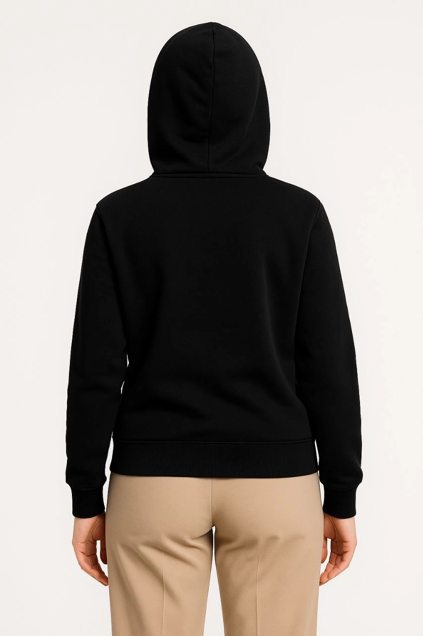 Women's Three-Thread Hooded Full-Zip Kangaroo Pocket Sweatshirt Hoodie - Black