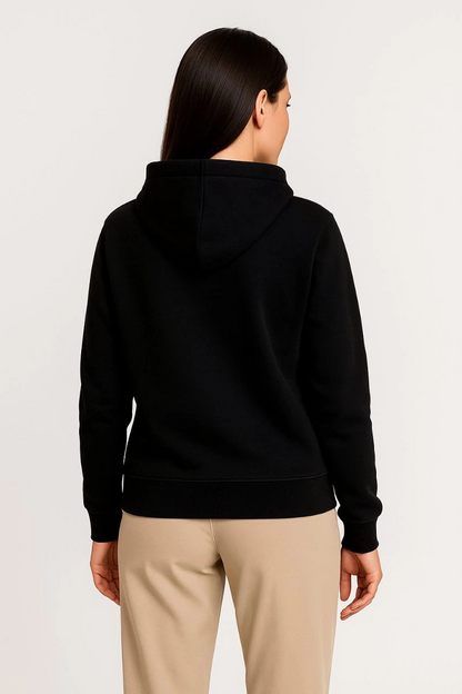 Women's Three-Thread Hooded Full-Zip Kangaroo Pocket Sweatshirt Hoodie - Black