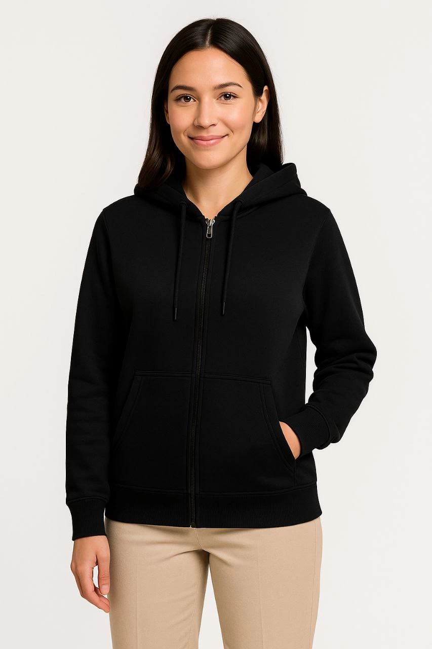 Women's Three-Thread Hooded Full-Zip Kangaroo Pocket Sweatshirt Hoodie - Black