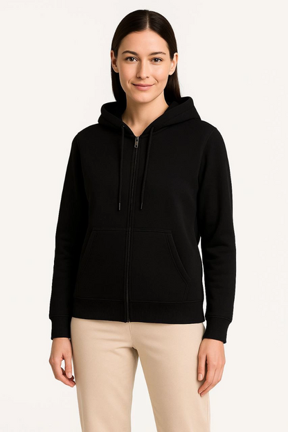 Women's Three-Thread Hooded Full-Zip Kangaroo Pocket Sweatshirt Hoodie - Black