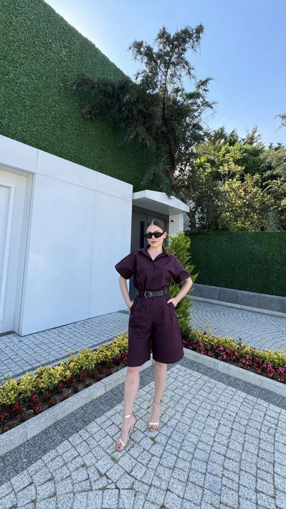 Women's Collared Shirt and Belted Shorts Set - Burgundy