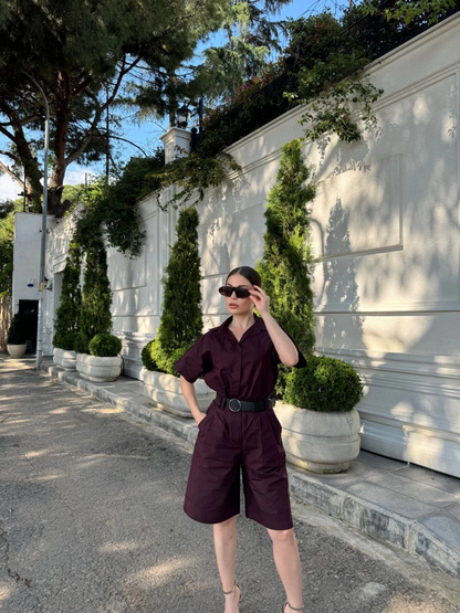 Women's Collared Shirt and Belted Shorts Set - Burgundy