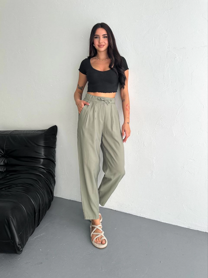 Women's High Waisted Tie-Waist Pocketed Relaxed Leg Trousers - Water Green