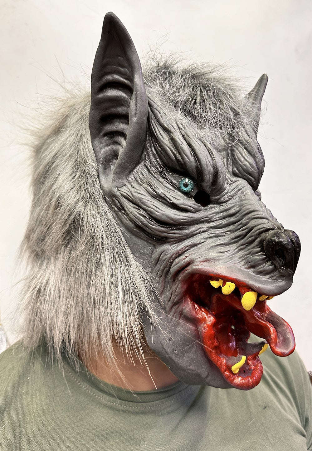 Full Overhead Latex Blue-Eyed Wolf Mask with Tongue Sticking Out (5347)