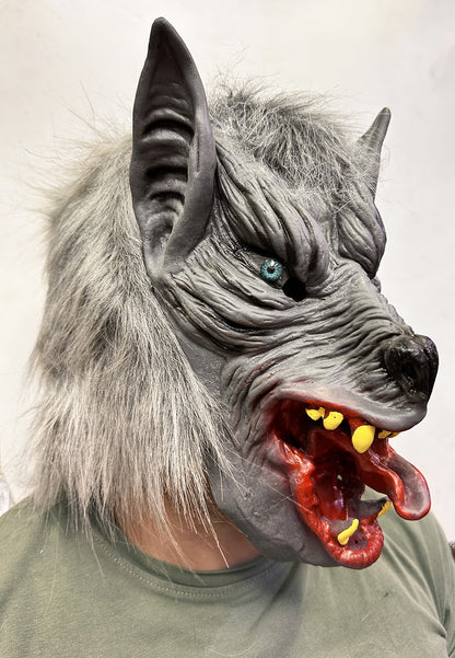 Full Overhead Latex Blue-Eyed Wolf Mask with Tongue Sticking Out (5347)