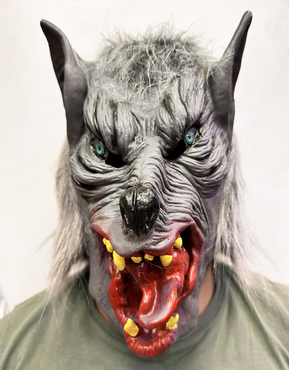 Full Overhead Latex Blue-Eyed Wolf Mask with Tongue Sticking Out (5347)