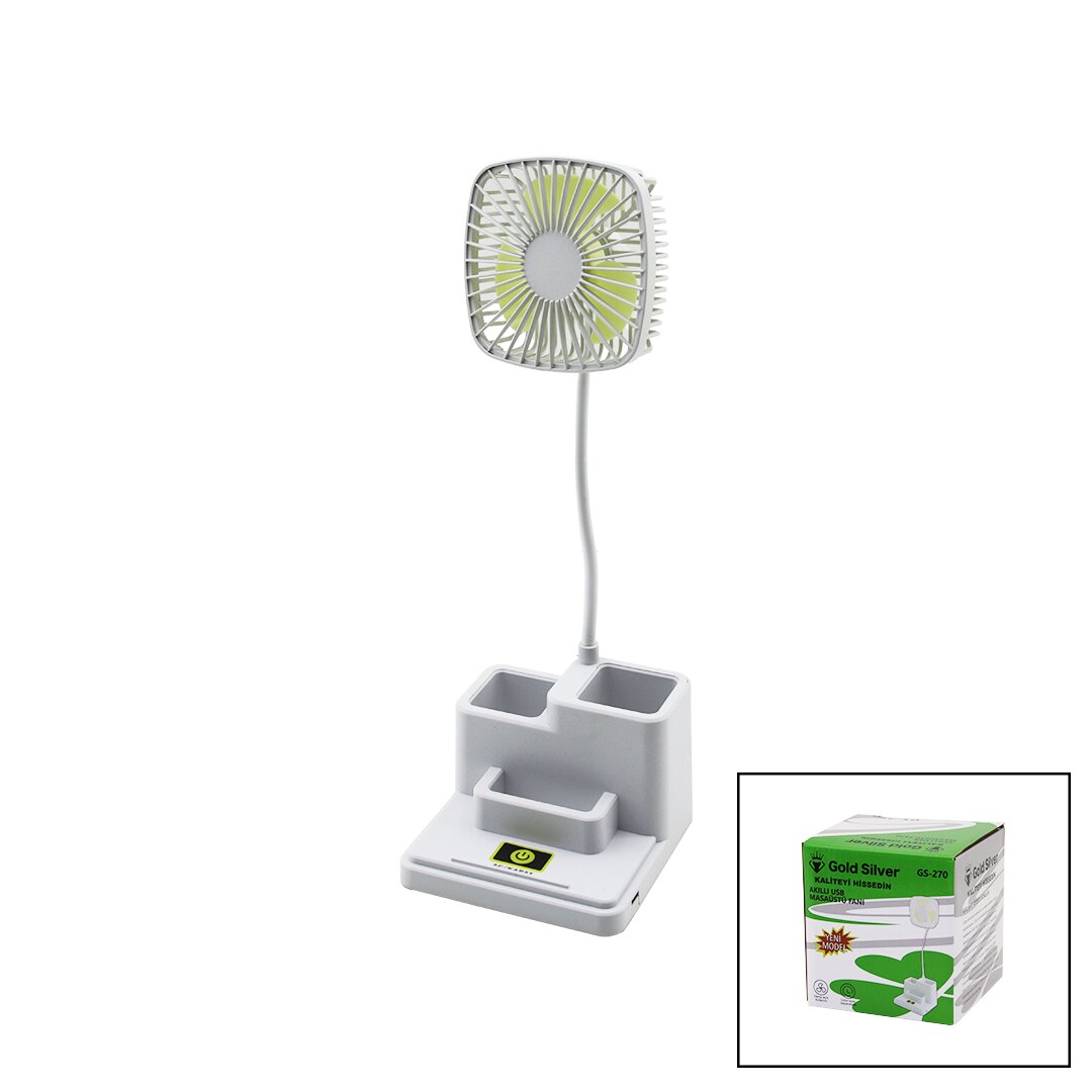 مروحة مكتبية مع حامل أقلام، مروحة شحن USB: 8.9 سم - ذراع مرن = 23 سم + حامل أقلام: 36.5 سم حامل هاتف GS-270 (5347)