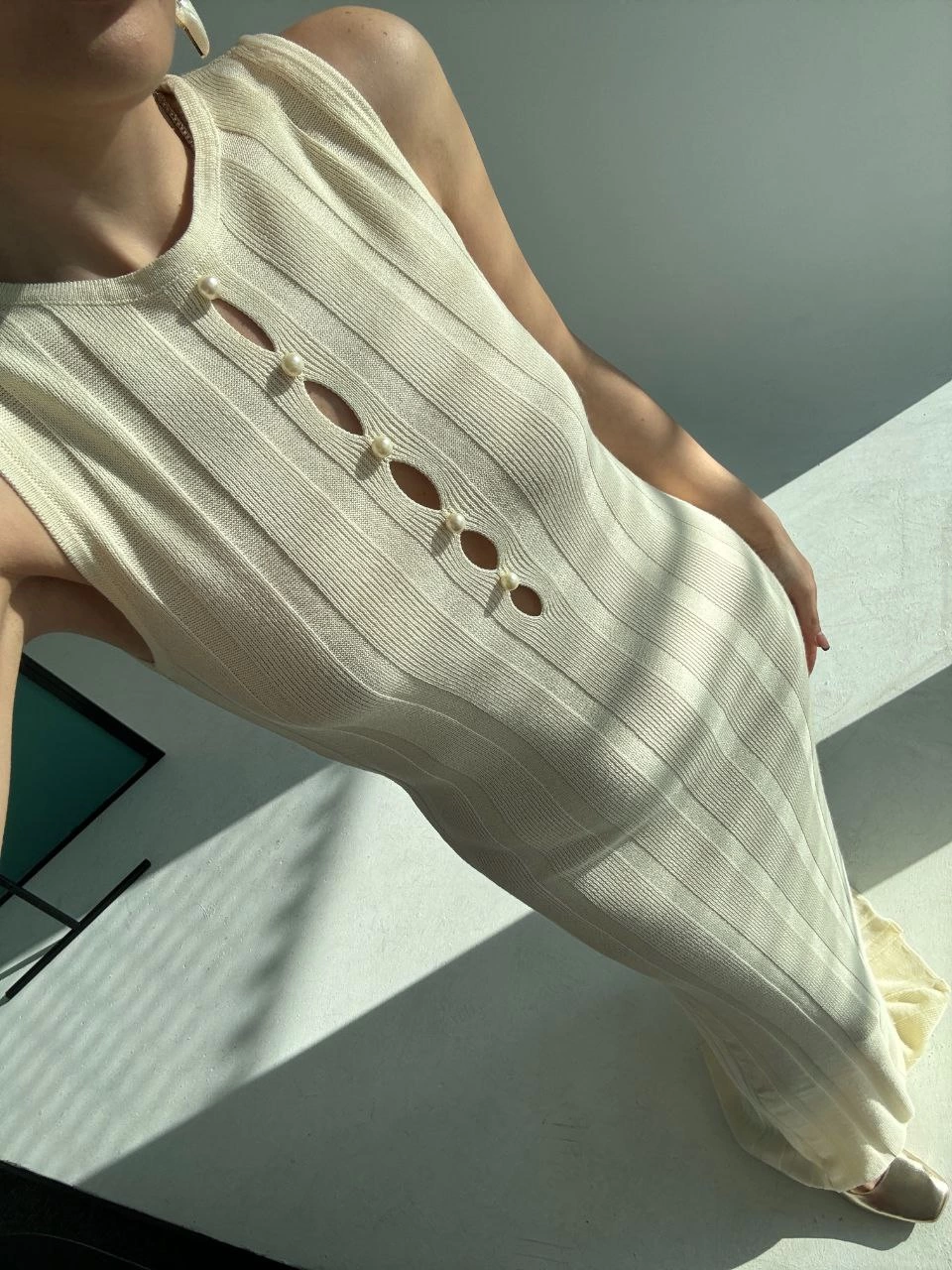 فستان تريكو طويل مضلع سميك - أوف وايت
