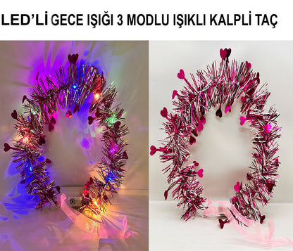 تاج مضيء بقلب وشرابات، يضيء في الظلام، 3 أوضاع إضاءة LED، لون فوشي (5347)