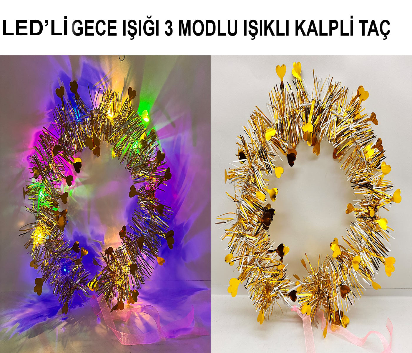 Heart Tassel Night Glow 3-Mode LED Light Up Tiara Gold Color (5347)