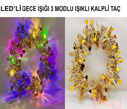 Heart Tassel Night Glow 3-Mode LED Light Up Tiara Gold Color (5347)