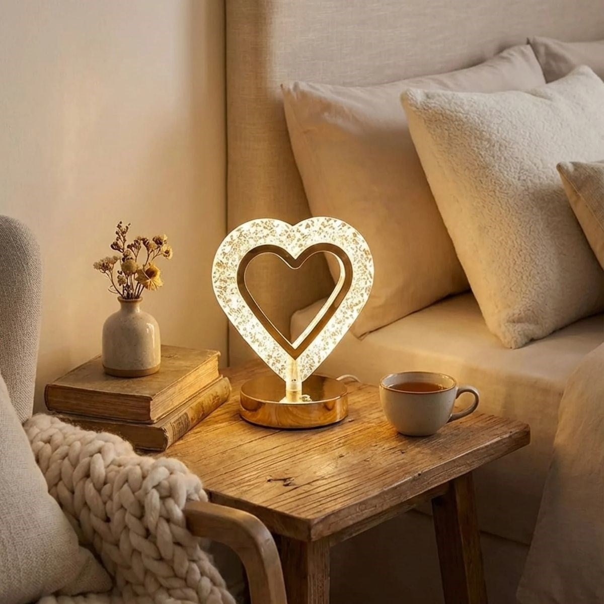 Kalp Şeklinde Kristal LED Masa Lambası - Dokunmatik, 3 Renk Işık Modlu, Şarjlı Mini Dekoratif Gece Lambası (5347)