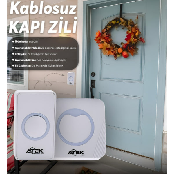 Beyaz Kablosuz Su Geçirmez Kapı Zili