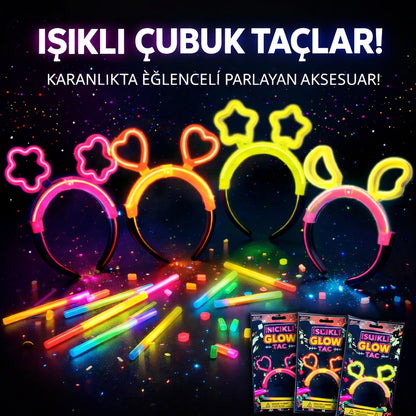Karanlıkta Parlayan Glow Taç Seti 12 Adet - Yıldız Kalp Ay Çiçek (Her Model 3 Adet) (5347)