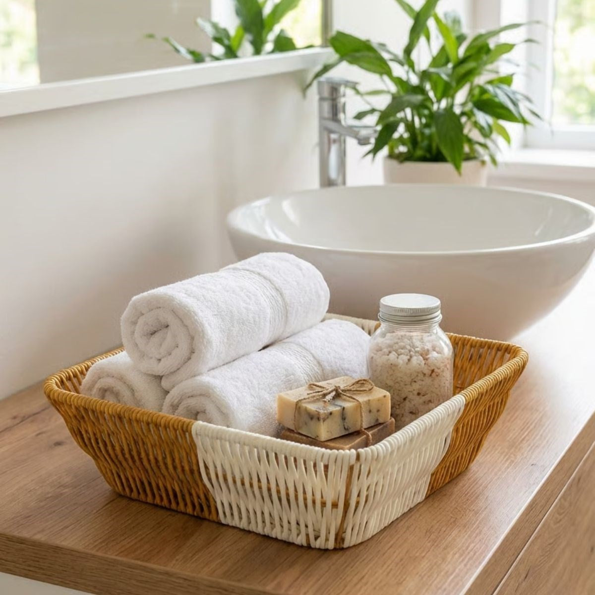 Kare Çift Renkli Plastik Rattan Ekmek ve Meyve Sepeti - Çok Amaçlı Banyo ve Mutfak Düzenleyici - Yıkanabilir Tezgâh Üstü Organizer (5347)