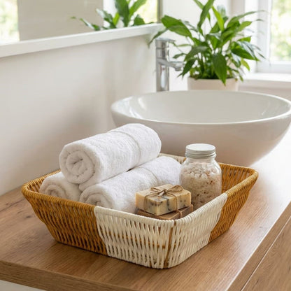Kare Çift Renkli Plastik Rattan Ekmek ve Meyve Sepeti - Çok Amaçlı Banyo ve Mutfak Düzenleyici - Yıkanabilir Tezgâh Üstü Organizer (5347)