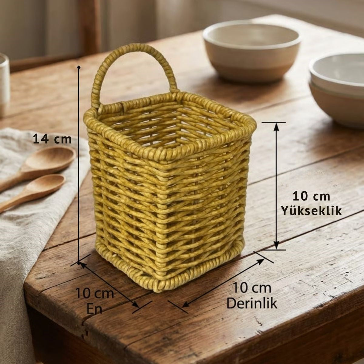 Kare Hasır Dokulu Plastik Rattan Kaşıklık & Çatallık - Askılı Kendiliğinden Tutmalı Çok Amaçlı Mutfak Organizeri (5347)