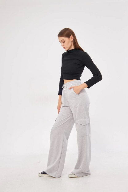 Cargo Pocket Palazzo Oversize Fit Two-Thread Wide Leg Sweatpants - Grey