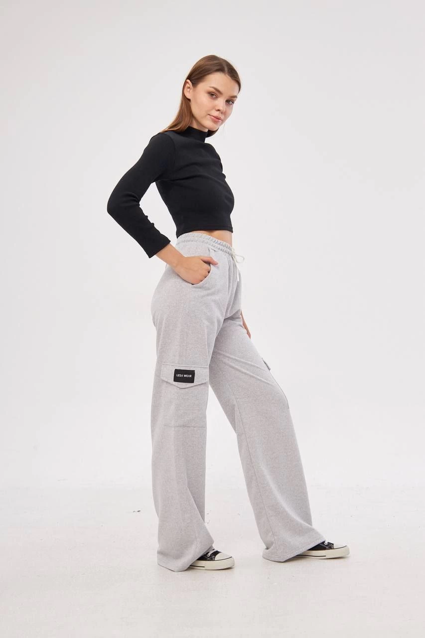 Cargo Pocket Palazzo Oversize Fit Two-Thread Wide Leg Sweatpants - Grey