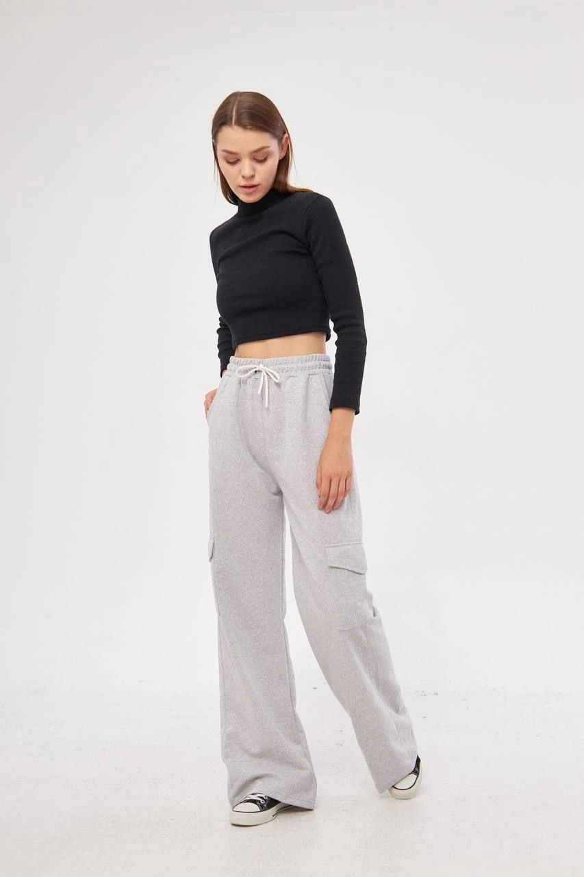 Cargo Pocket Palazzo Oversize Fit Two-Thread Wide Leg Sweatpants - Grey