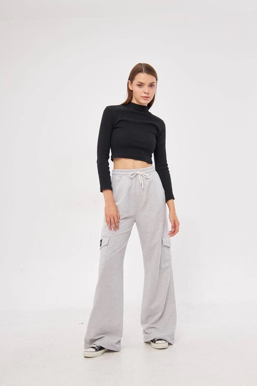 Cargo Pocket Palazzo Oversize Fit Two-Thread Wide Leg Sweatpants - Grey