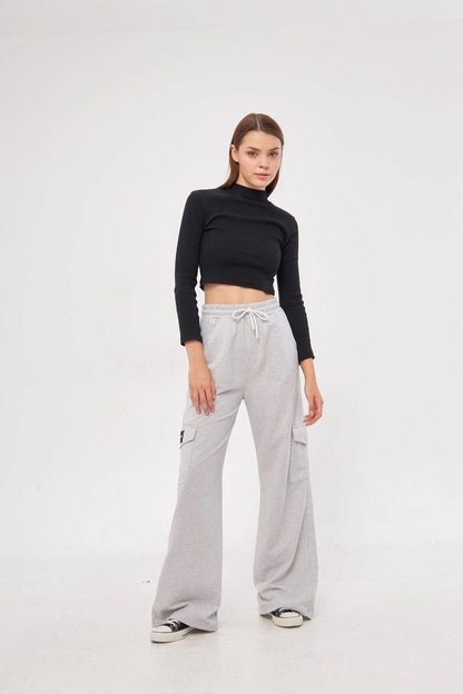 Cargo Pocket Palazzo Oversize Fit Two-Thread Wide Leg Sweatpants - Grey