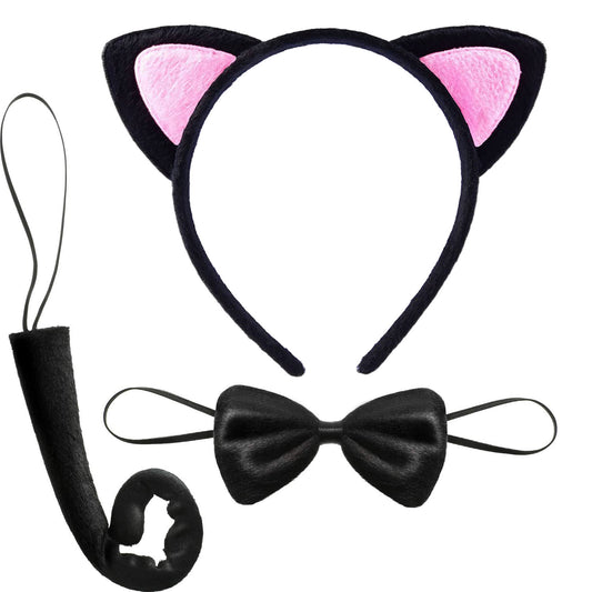Kedi Kulak Taç Kuyruk ve Papyon 3 lü Set Çocuk Boy Pembe Renk (5347)