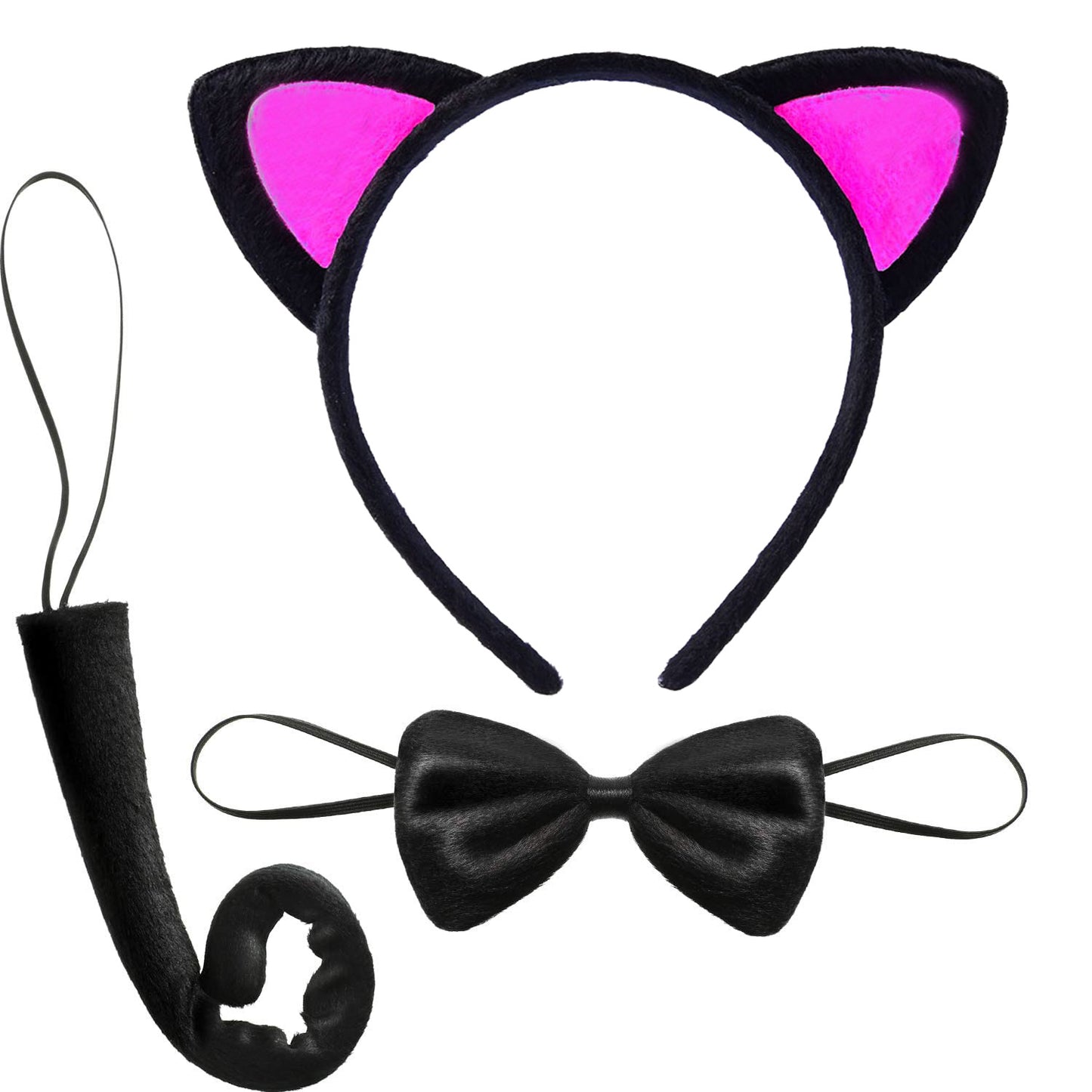 Kedi Kulak Taç Kuyruk ve Papyon 3 lü Set Çocuk Boy Fuşya Renk (5347)