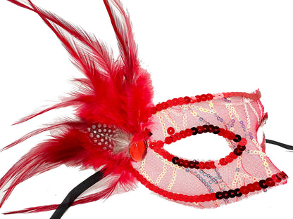 Red Feathered Sequin and Bead Embellished Party Mask 23x12 cm (5347)
