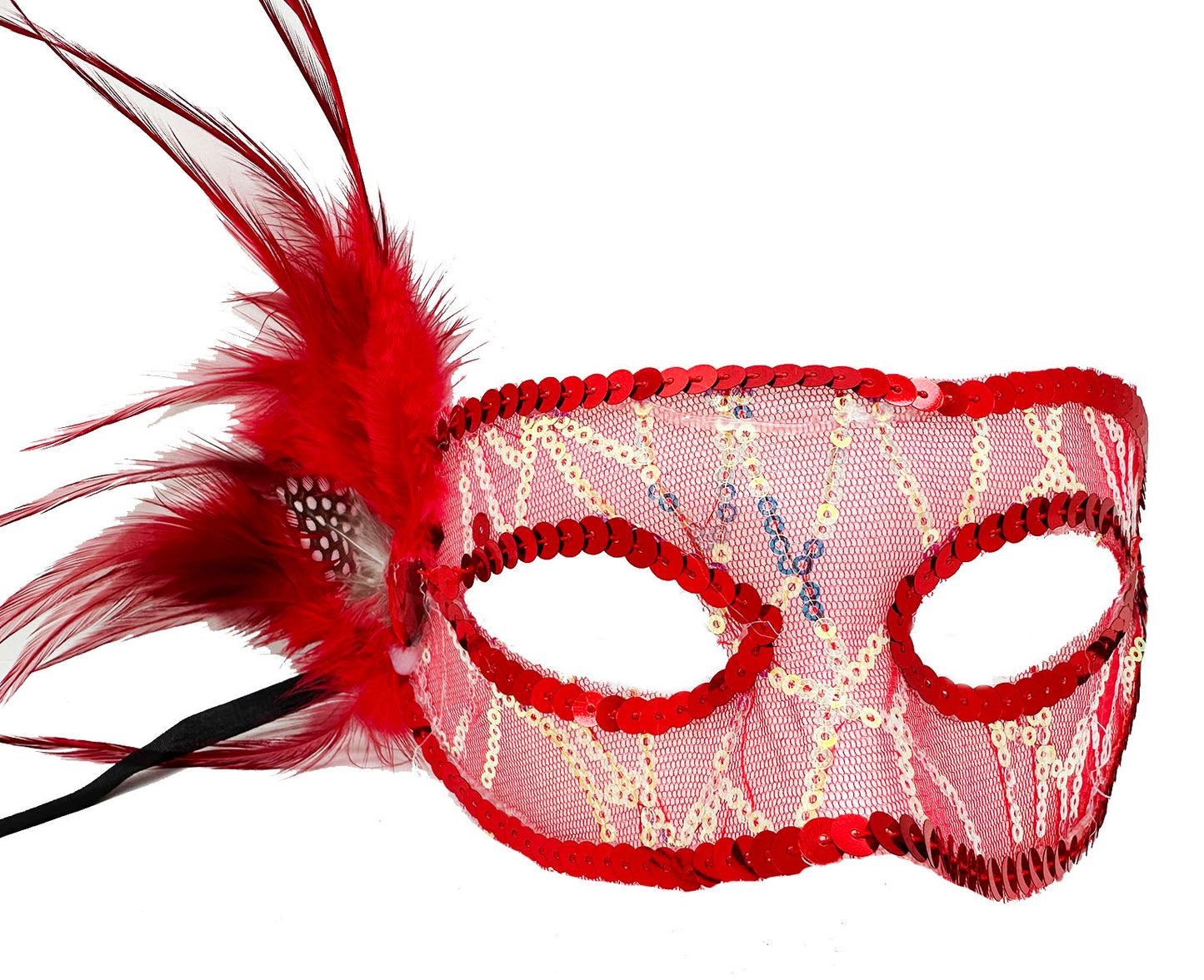 Red Feathered Sequin and Bead Embellished Party Mask 23x12 cm (5347)