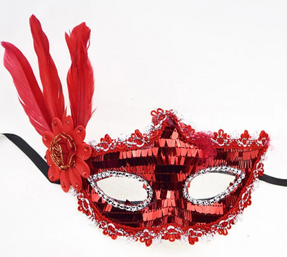 Red Sequin Feathered Party Mask
