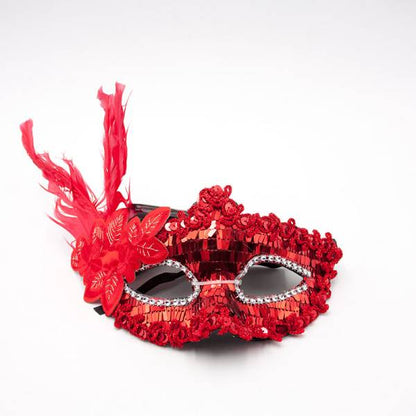 Red Sequin Feathered Party Mask