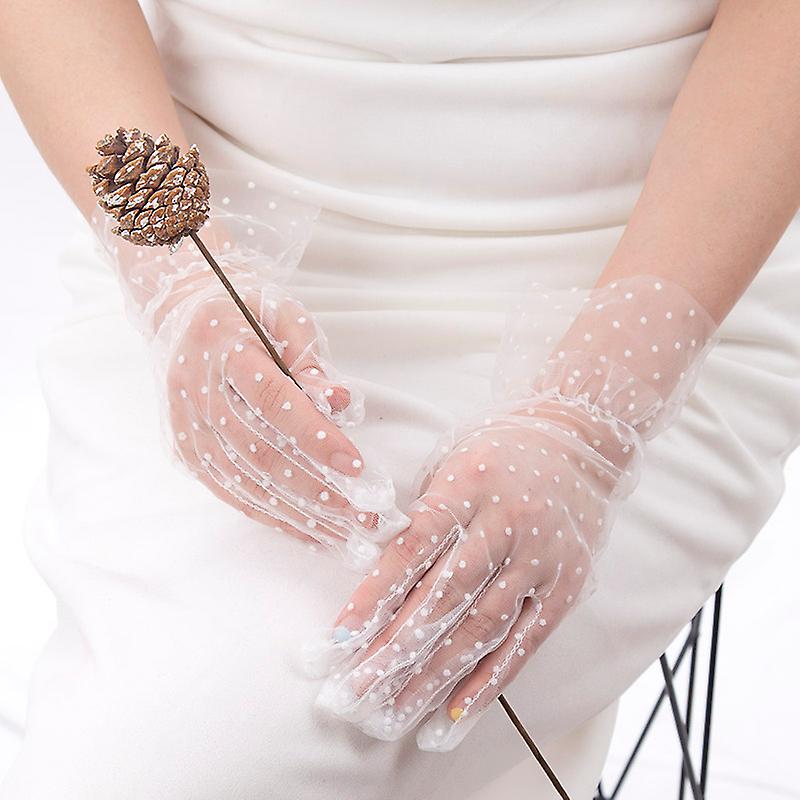 Short White Polka Dot Guipure Tulle Gloves