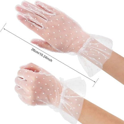Short White Polka Dot Guipure Tulle Gloves