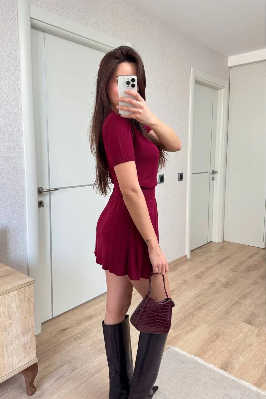 Kısa Kollu Bluz Mini Etekli ikili Takım Triko - Bordo