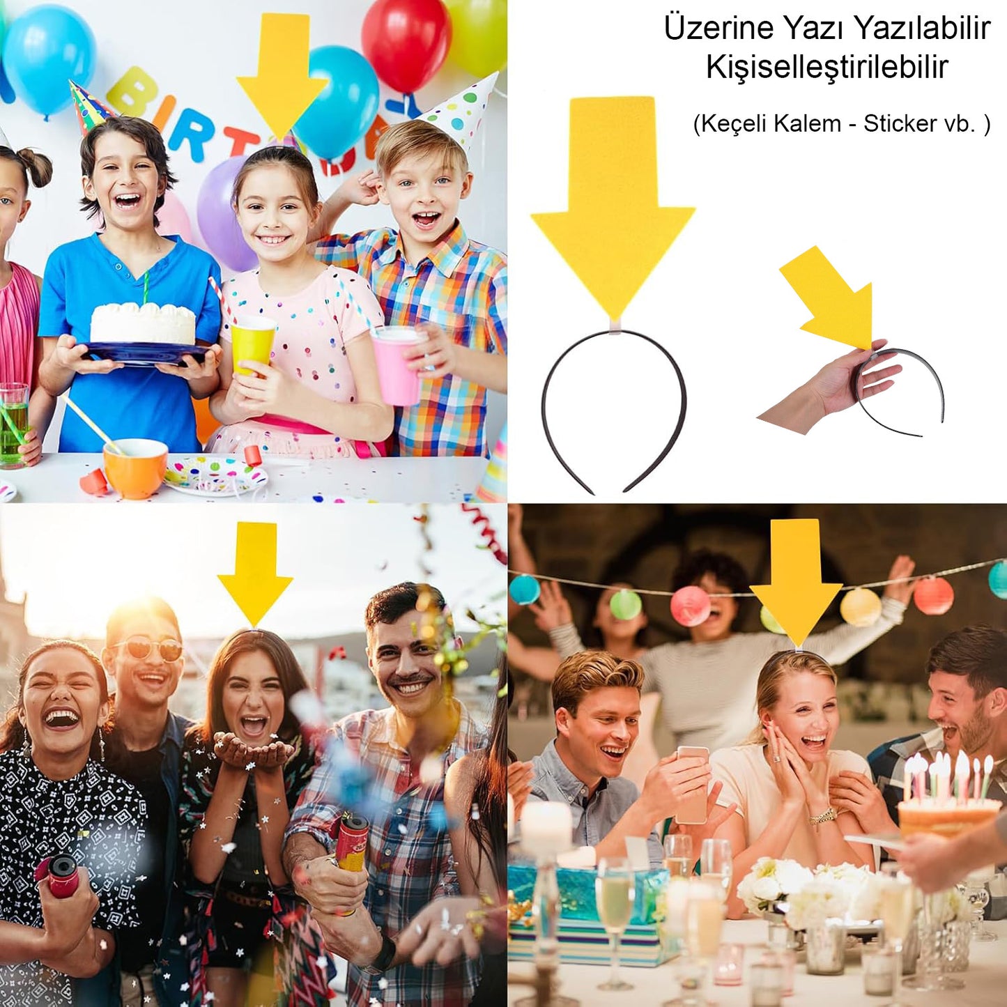 Kişiselleştirilebilir Ok Taç - Üzerine Yazı Yazılabilen Parti Tacı Sarı Renk (5347)
