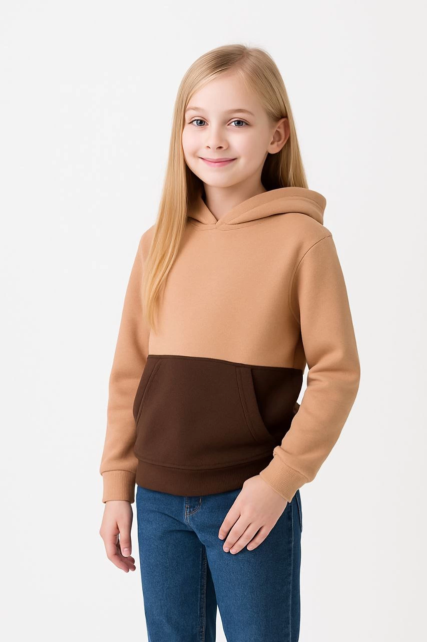 Kız Çocuk Kapüşonlu Kanguru Çepli Parçalı SweatShirt - Renkli