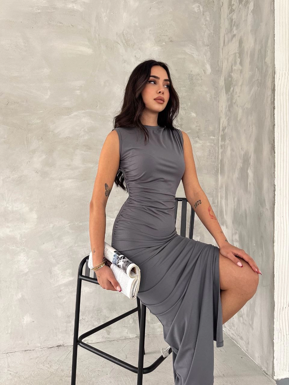 Sleeveless Slit Long Maxi Dress - Grey